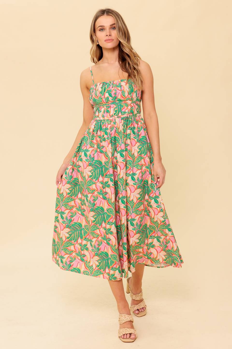 STORYTELLING - PINK & GREEN MIDI DRESS WITH POCKETS-Vavasi