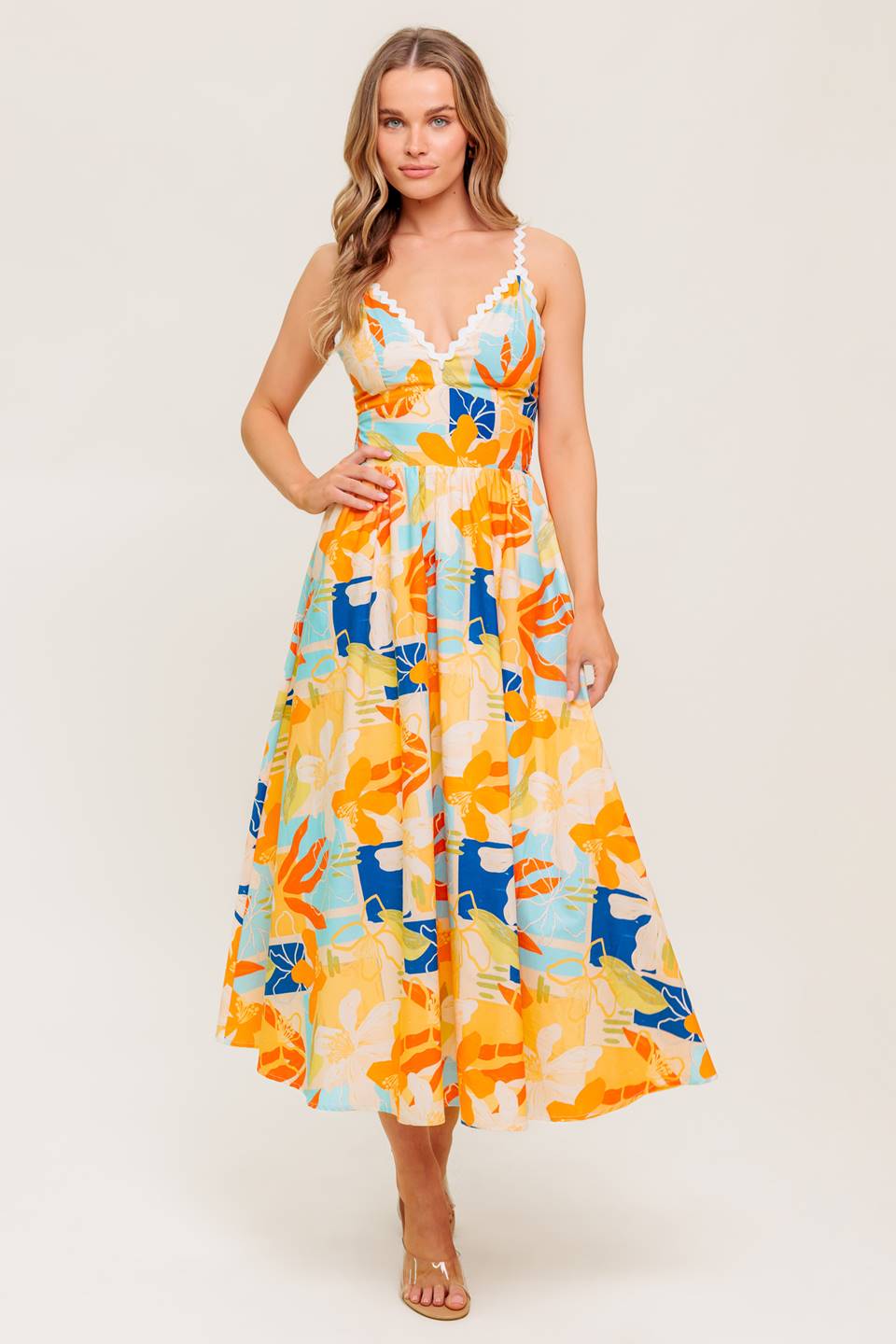 MERRITT MIDI DRESS - ORANGE & BLUE PRINT-Vavasi
