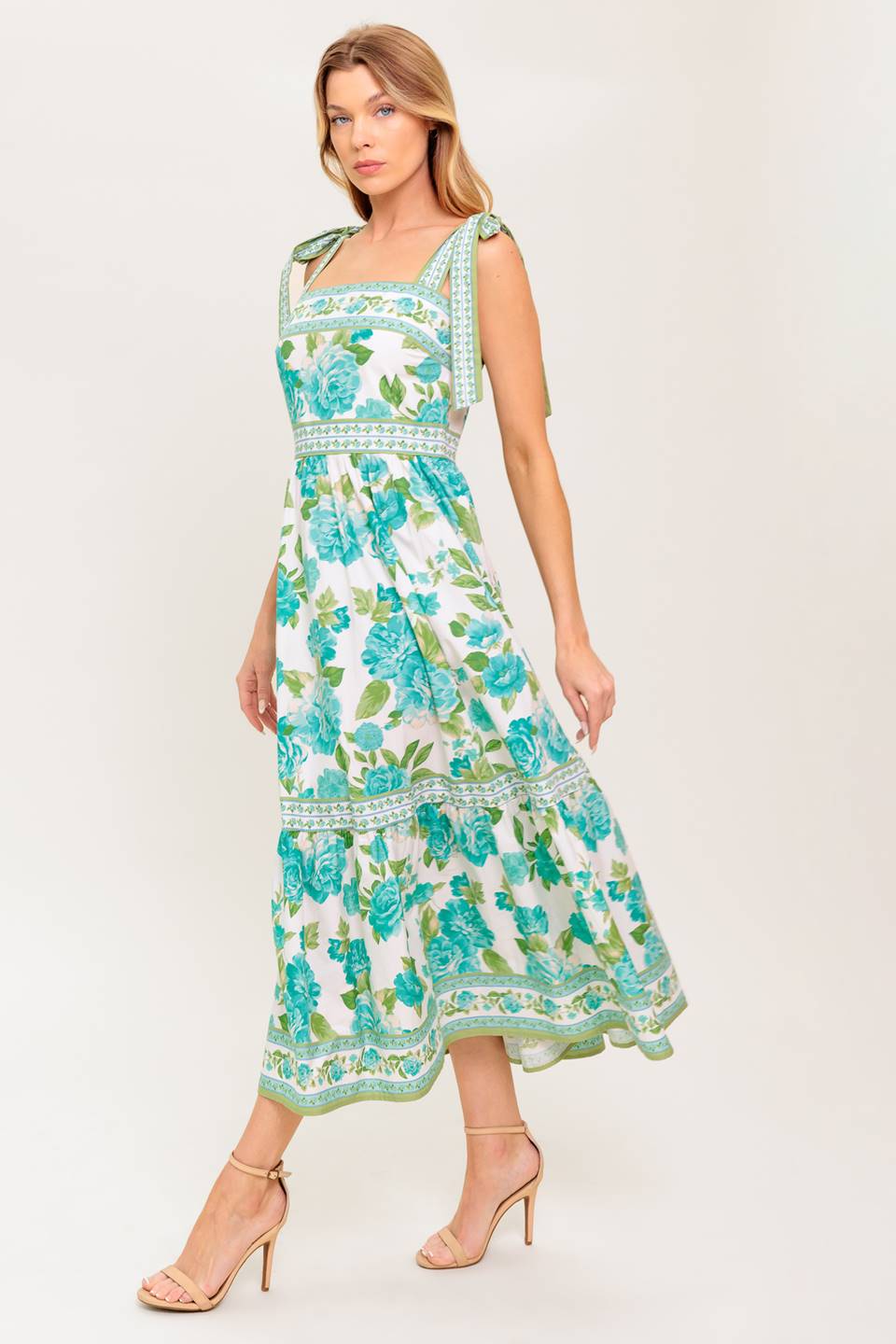 SEASIDE ESCAPES FLORAL MIDI DRESS - GREEN-Vavasi