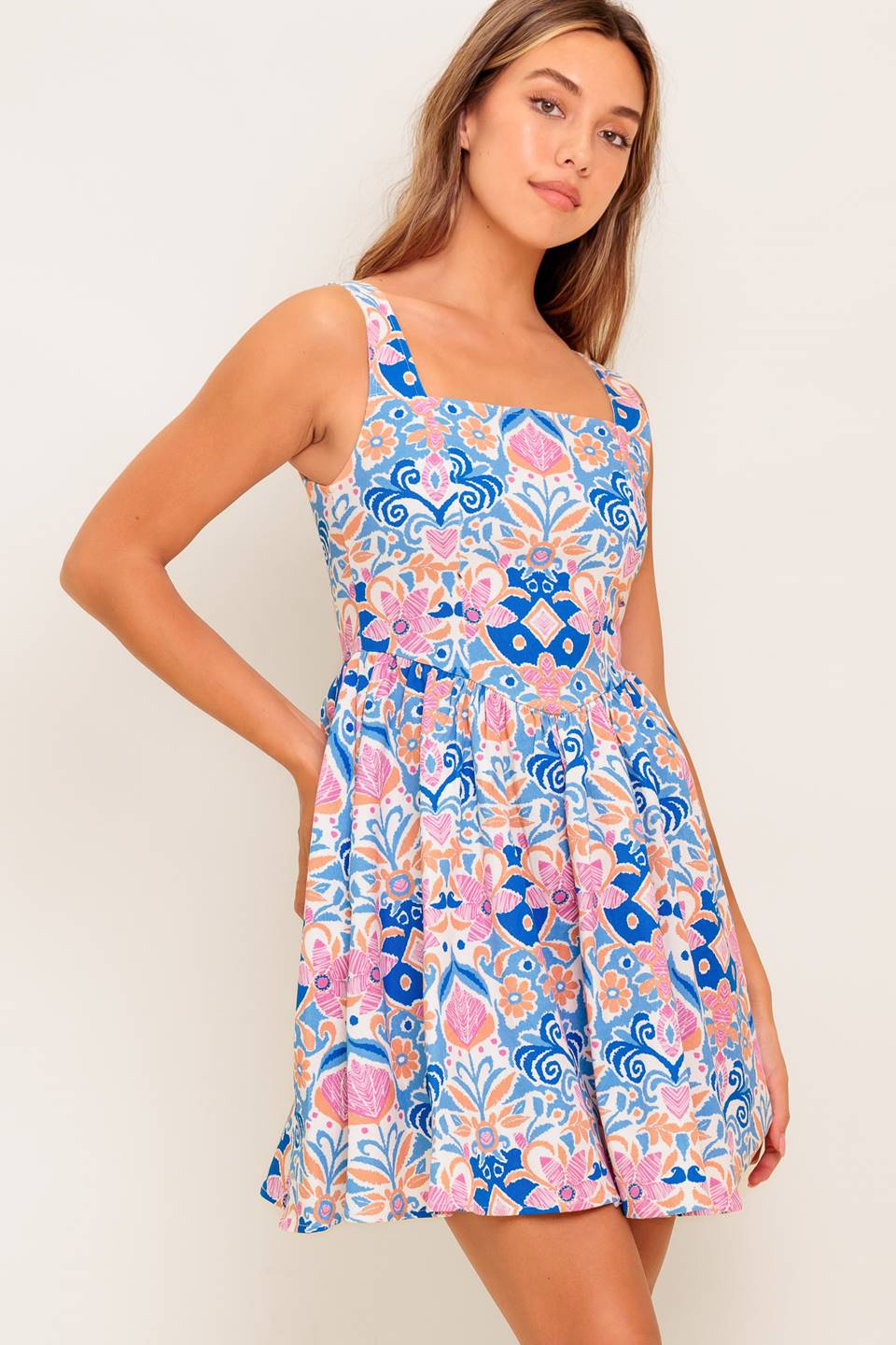 KENDRA BLUE CORAL PRINT MINI DRESS-Vavasi