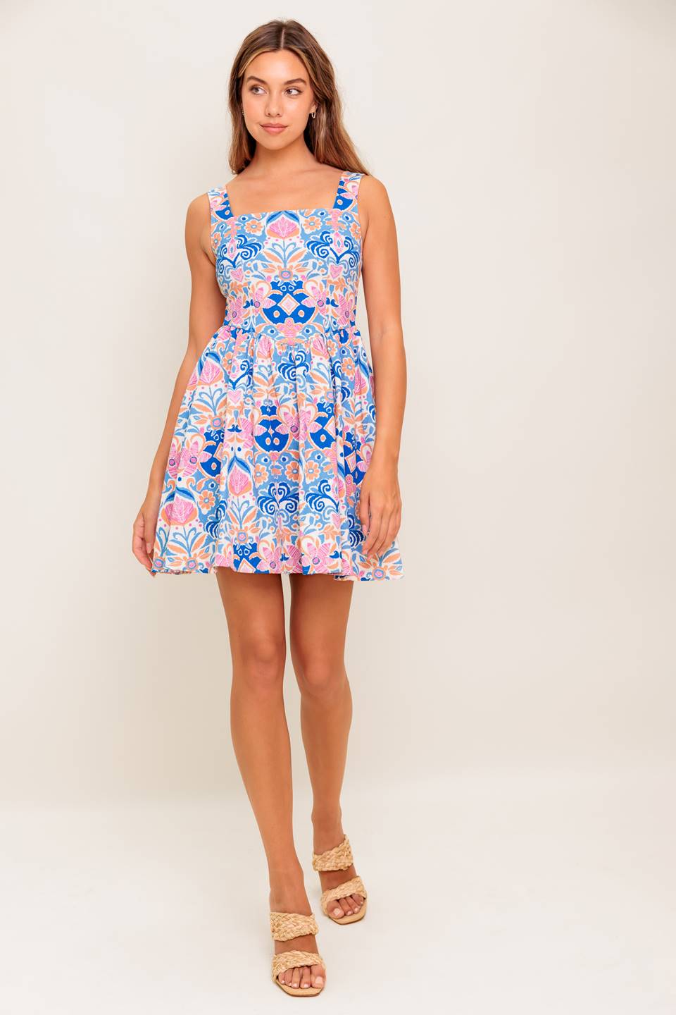 KENDRA BLUE CORAL PRINT MINI DRESS-Vavasi