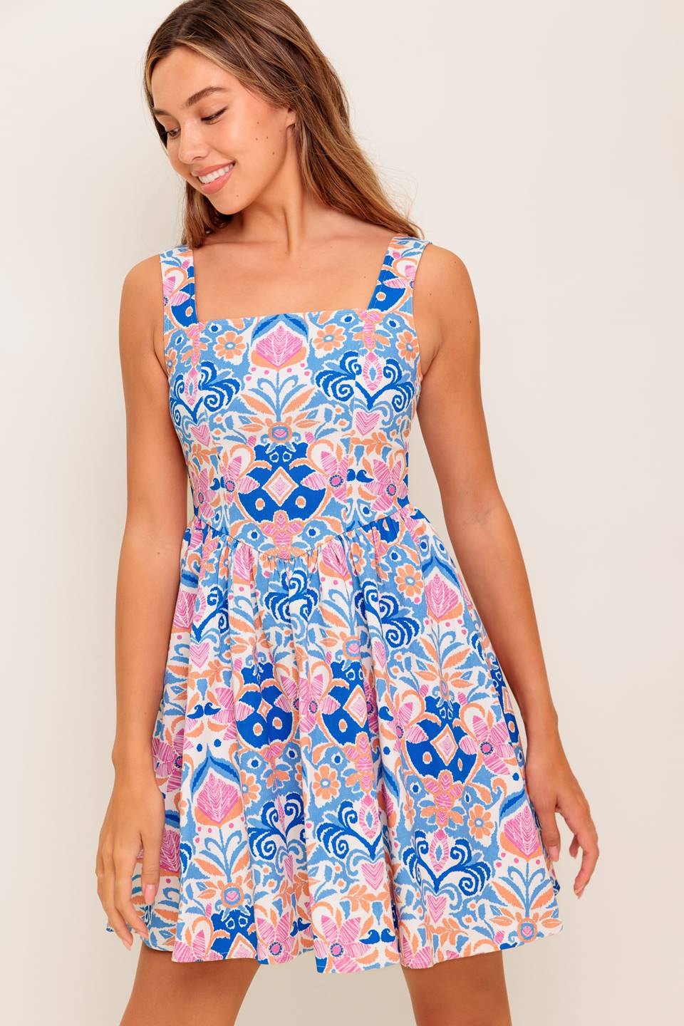 KENDRA BLUE CORAL PRINT MINI DRESS-Vavasi