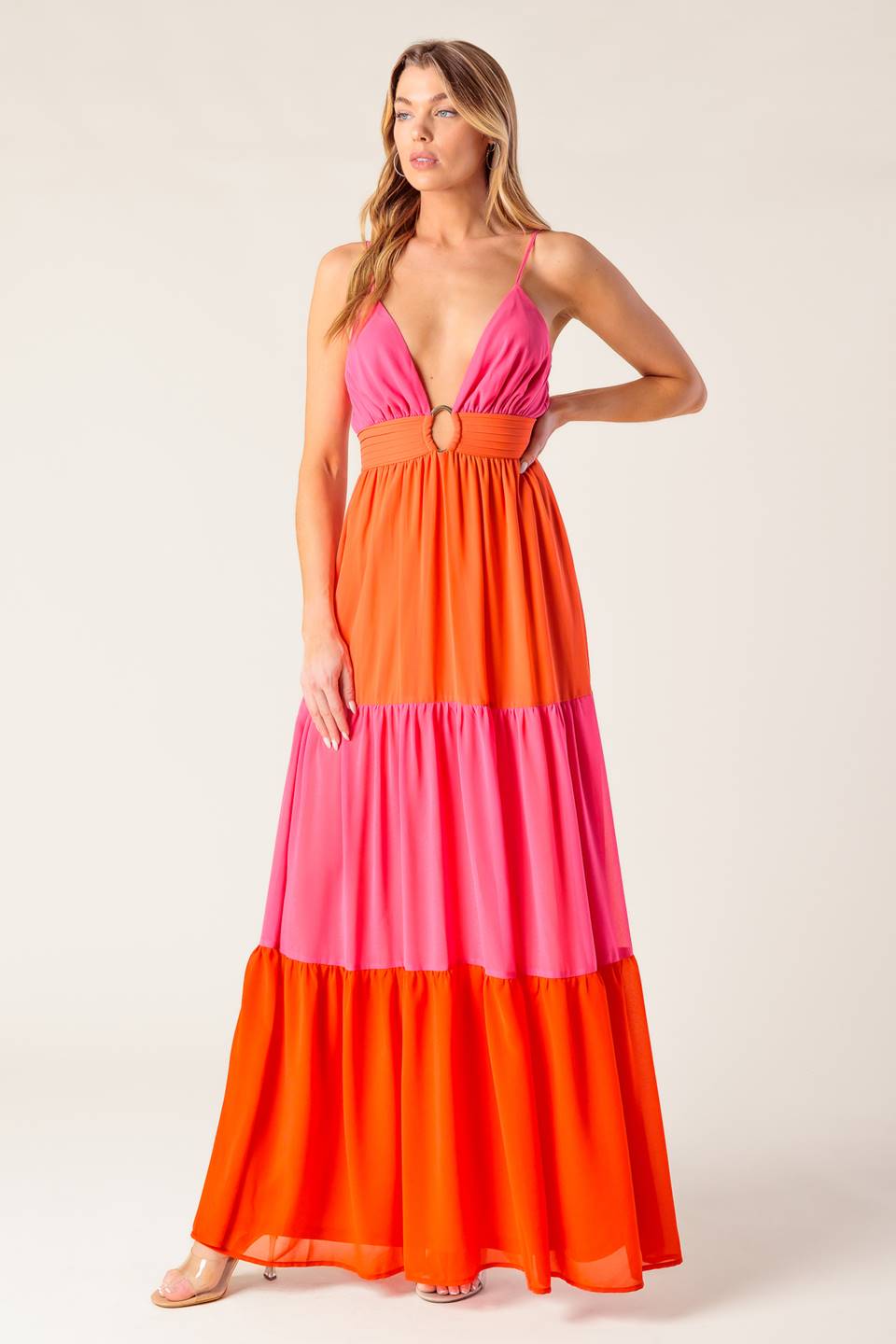 REGAL SUNRISE - PINK & RED COLOR BLOCKED MAXI DRESS-Vavasi