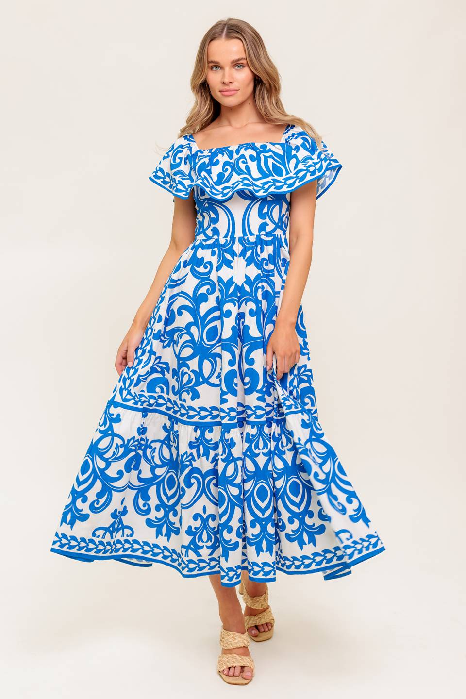 SERENADE MIDI DRESS - PRINTED OFF SHOULDER COTTON DRESS-Vavasi