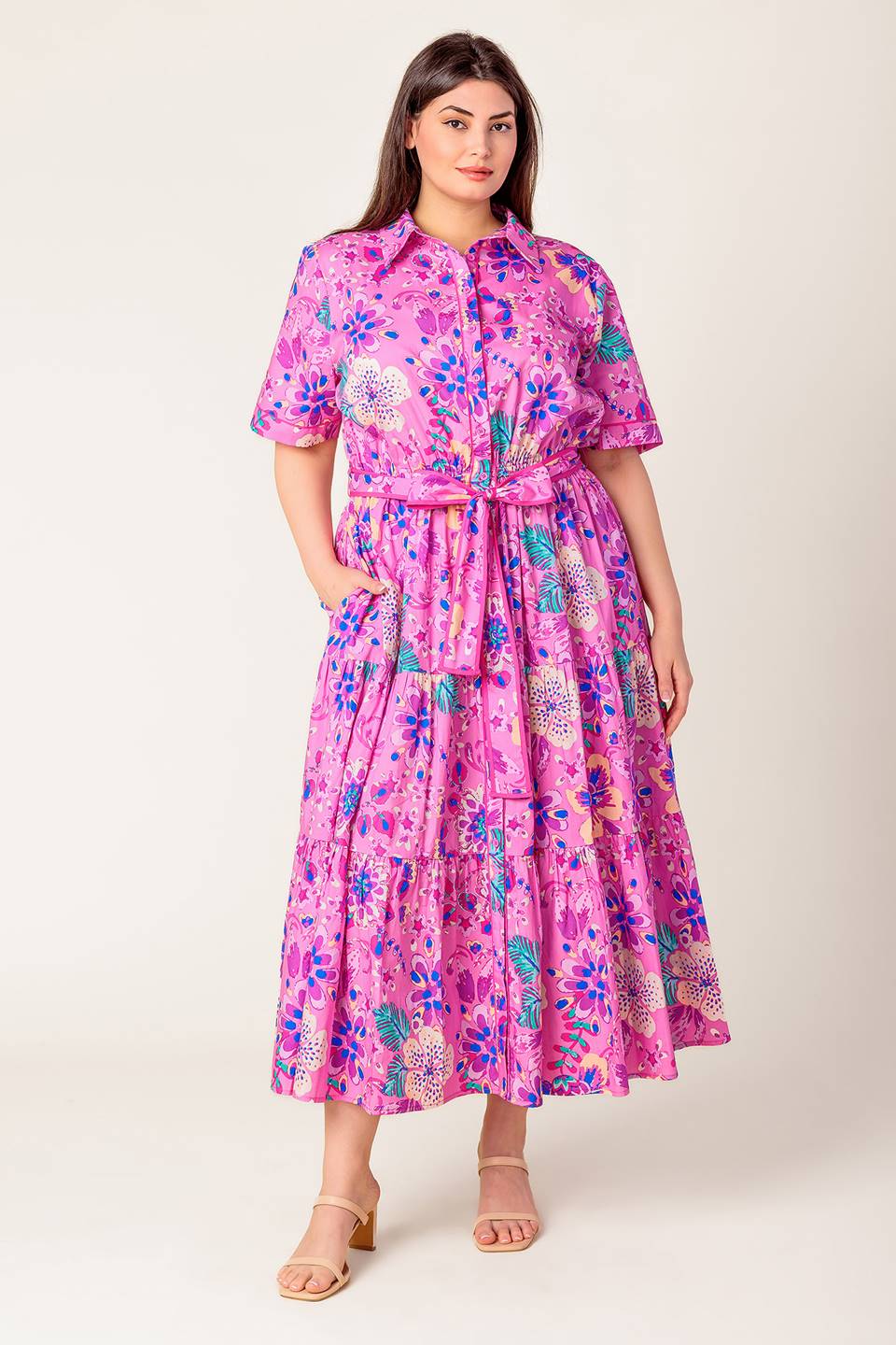 PETAL PRESS - PINK & PURPLE FLORAL MIDI DRESS-Vavasi
