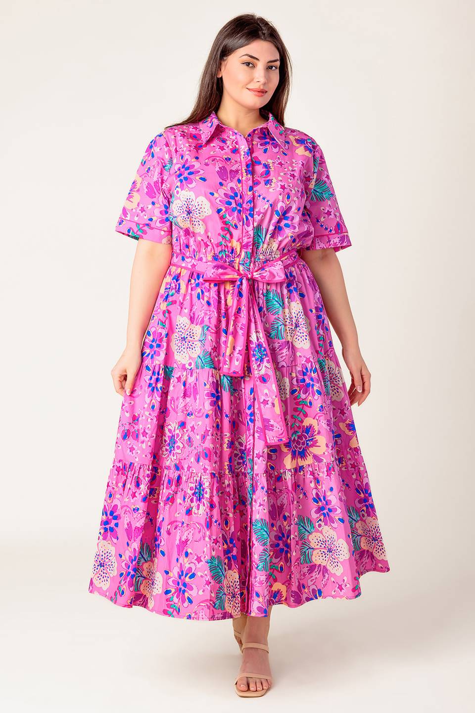 PETAL PRESS - PINK & PURPLE FLORAL MIDI DRESS-Vavasi