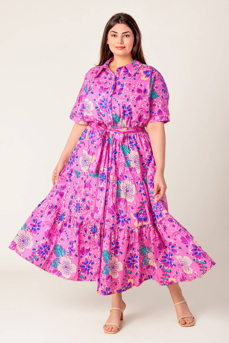 PETAL PRESS - PINK & PURPLE FLORAL MIDI DRESS-Vavasi