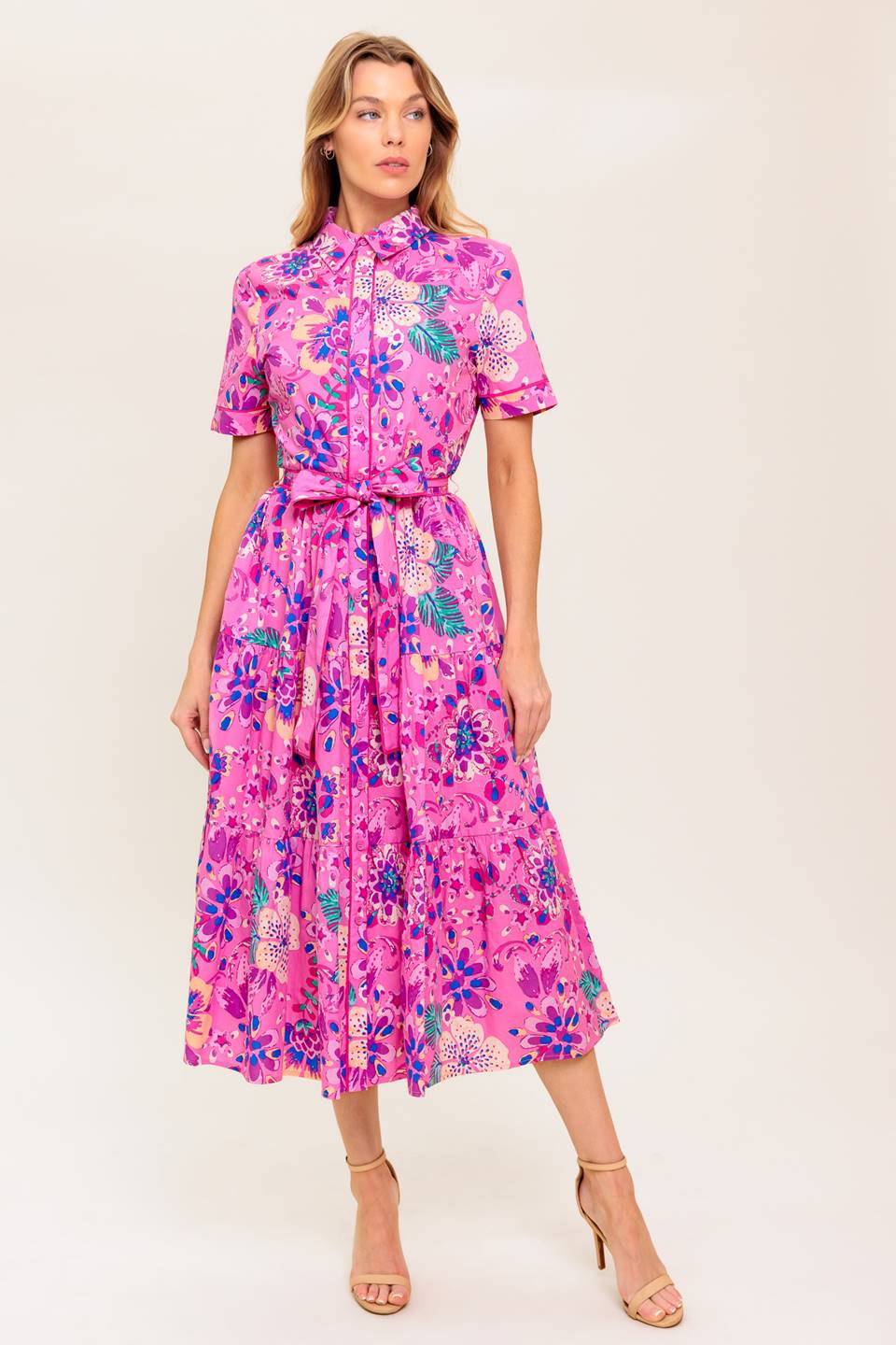 PETAL PRESS - PINK & PURPLE FLORAL MIDI DRESS-Vavasi