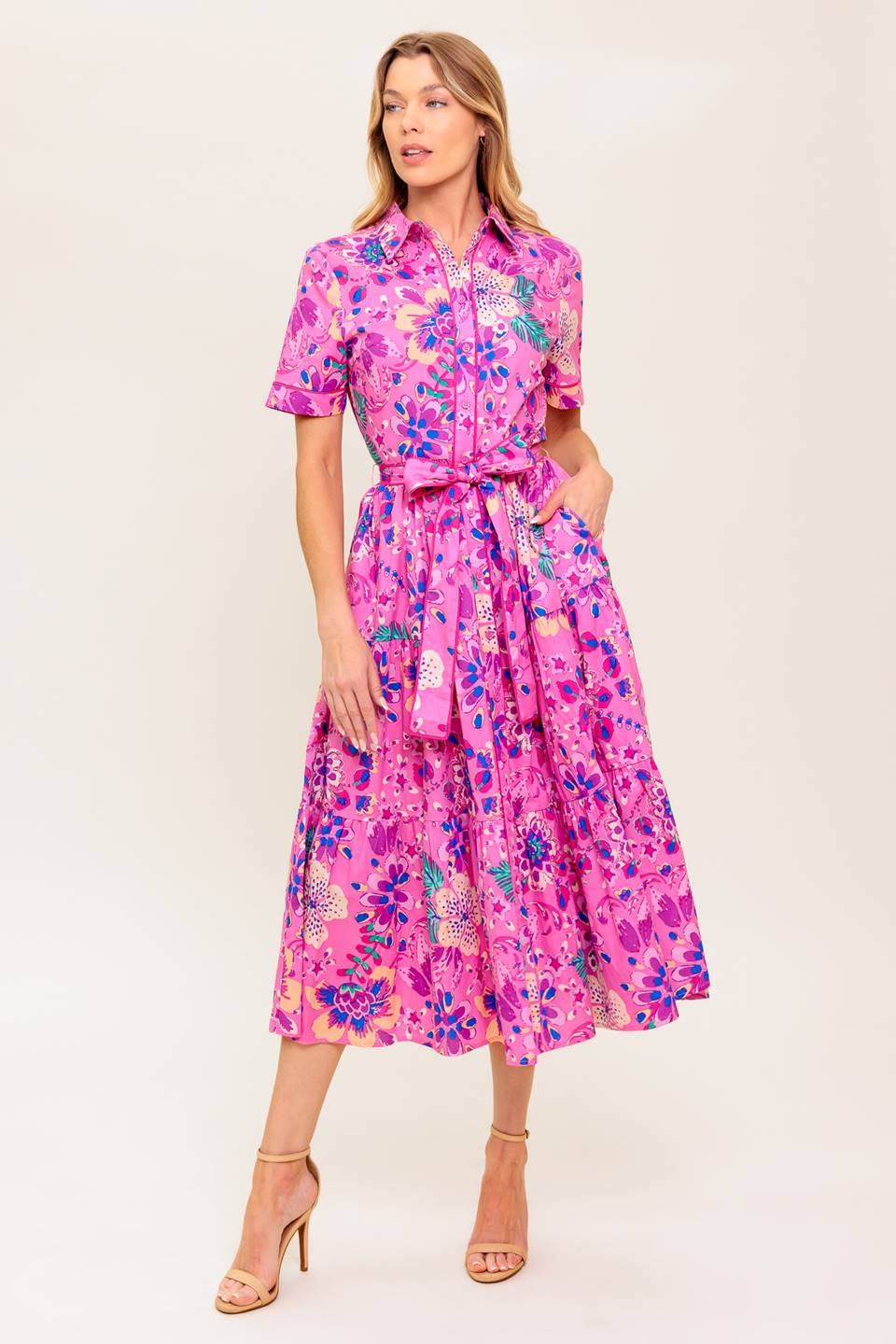 Size Medium, PETAL PRESS - PINK & PURPLE FLORAL MIDI DRESS - FINAL SALE-Vavasi