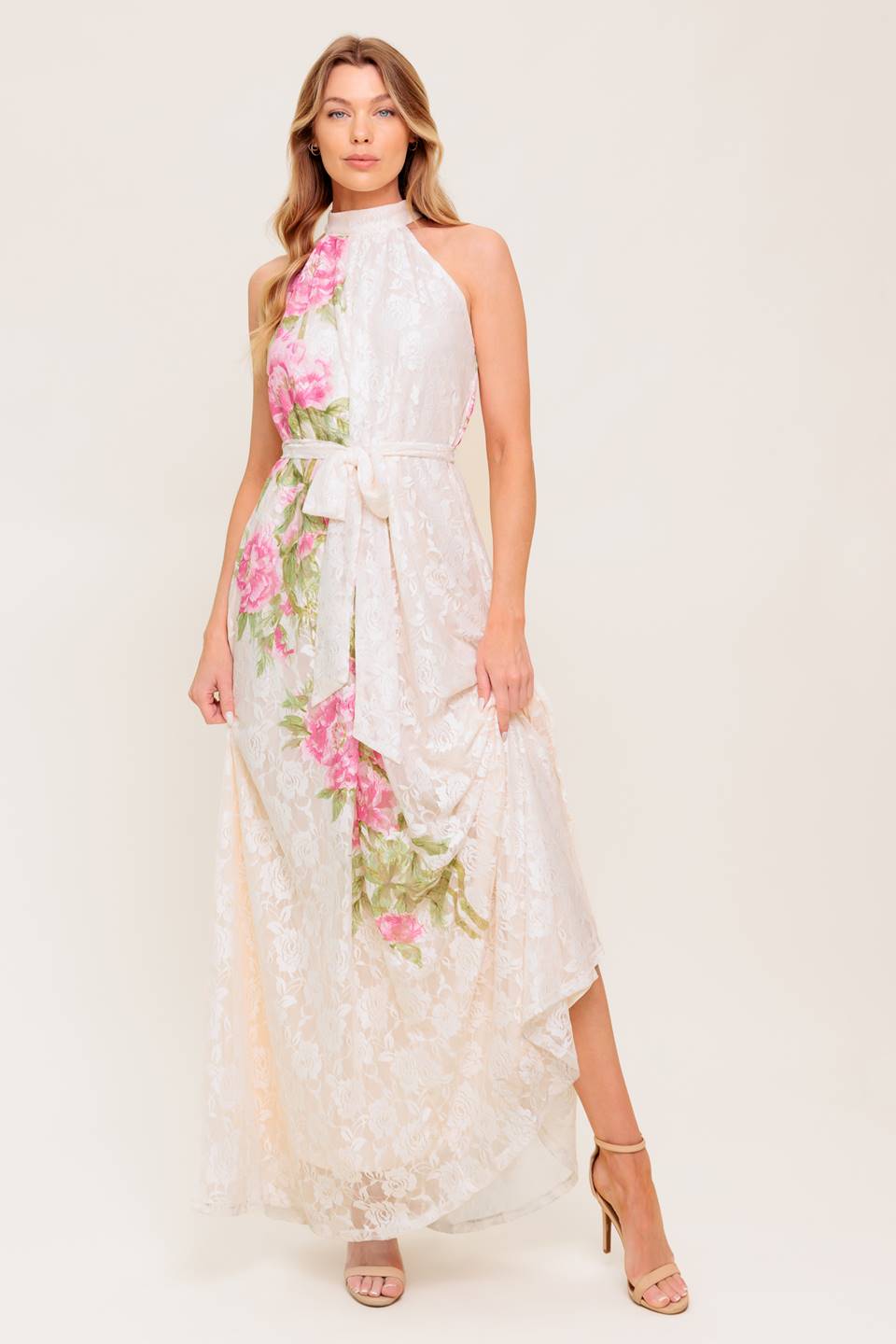 ROSE GARDEN - IVORY LACE HALTER MAXI DRESS-Vavasi