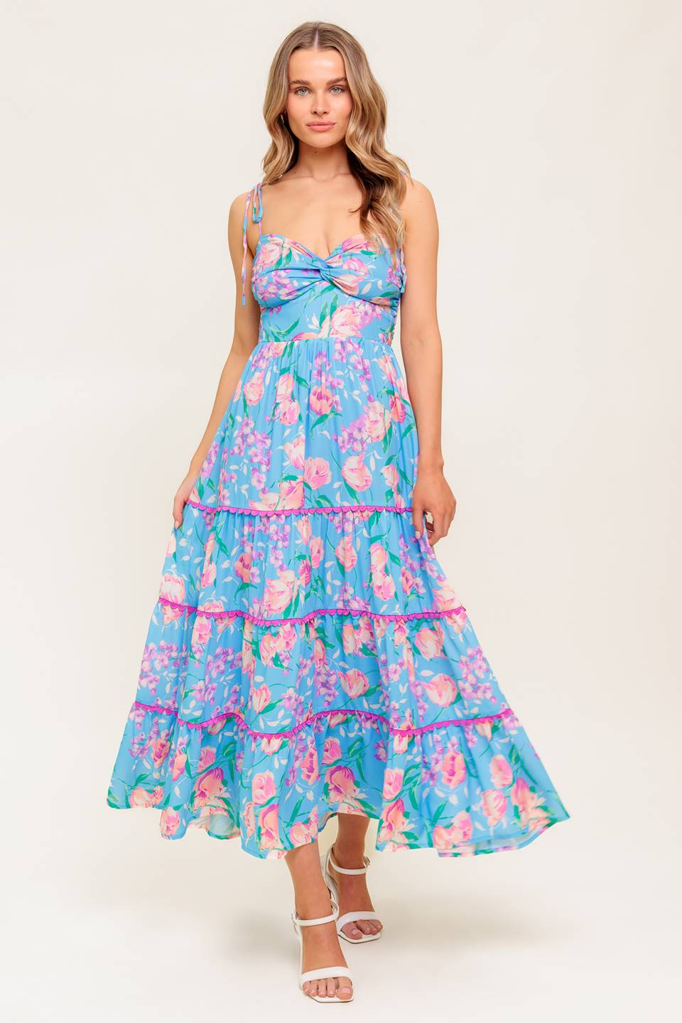 SOFT BLOOMS FLORAL MIDI DRESS - BLUE-Vavasi