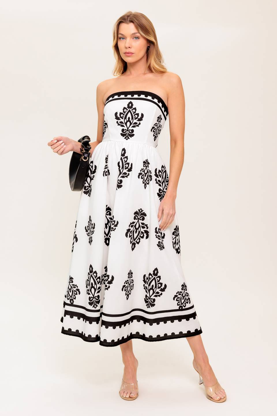 CAFE IN PARIS STRAPLESS MIDI DRESS - IVORY & BLACK-Vavasi