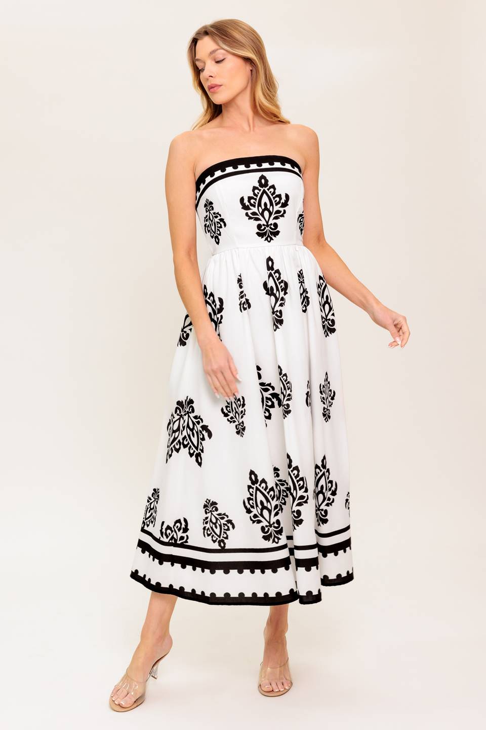 CAFE IN PARIS STRAPLESS MIDI DRESS - IVORY & BLACK-Vavasi