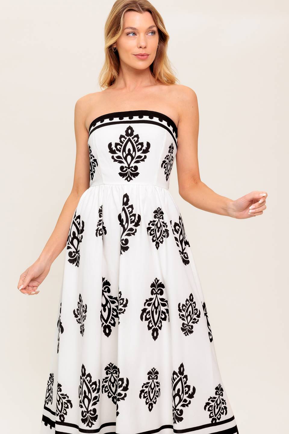 CAFE IN PARIS STRAPLESS MIDI DRESS - IVORY & BLACK-Vavasi