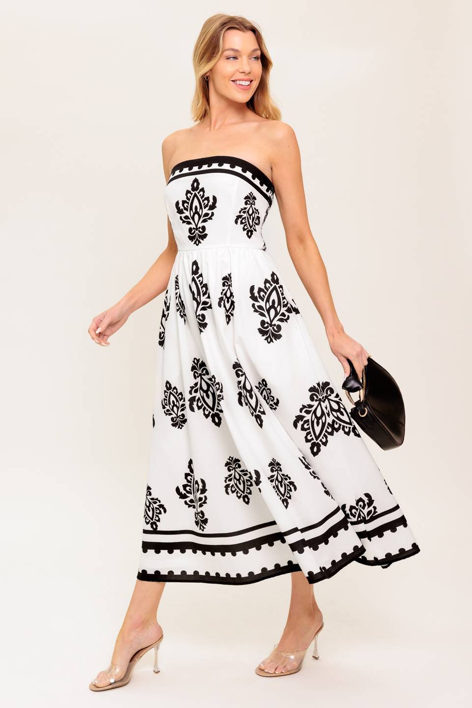 CAFE IN PARIS STRAPLESS MIDI DRESS - IVORY & BLACK-Vavasi