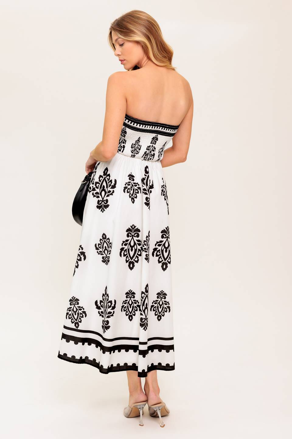 CAFE IN PARIS STRAPLESS MIDI DRESS - IVORY & BLACK-Vavasi