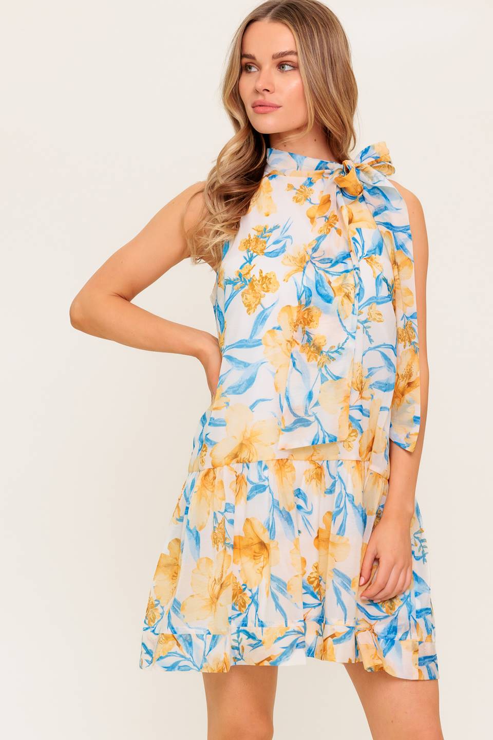 Daphne Bow Tie High Neck Mini Dress-Vavasi
