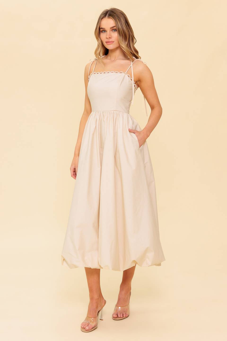 REGAL CUTIE BUBBLE HEM MIDI DRESS - CREAM-Vavasi