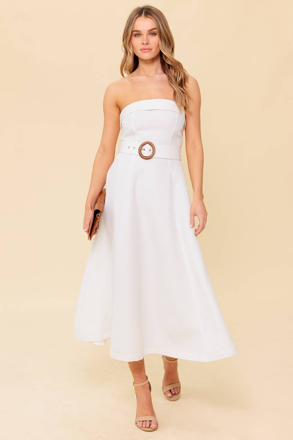 THE PICTURE OF PERFECTION - WHITE STRAPLESS MIDI DRESS-Vavasi