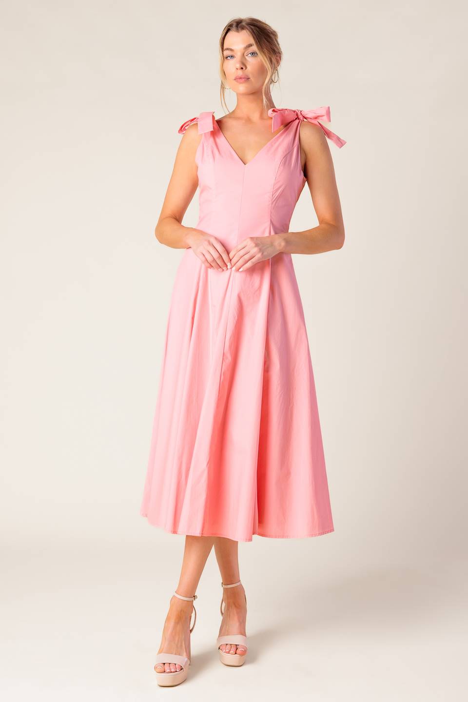 SWEET NOTHINGS SHOULDER BOW MIDI DRESS - PEACH-Vavasi