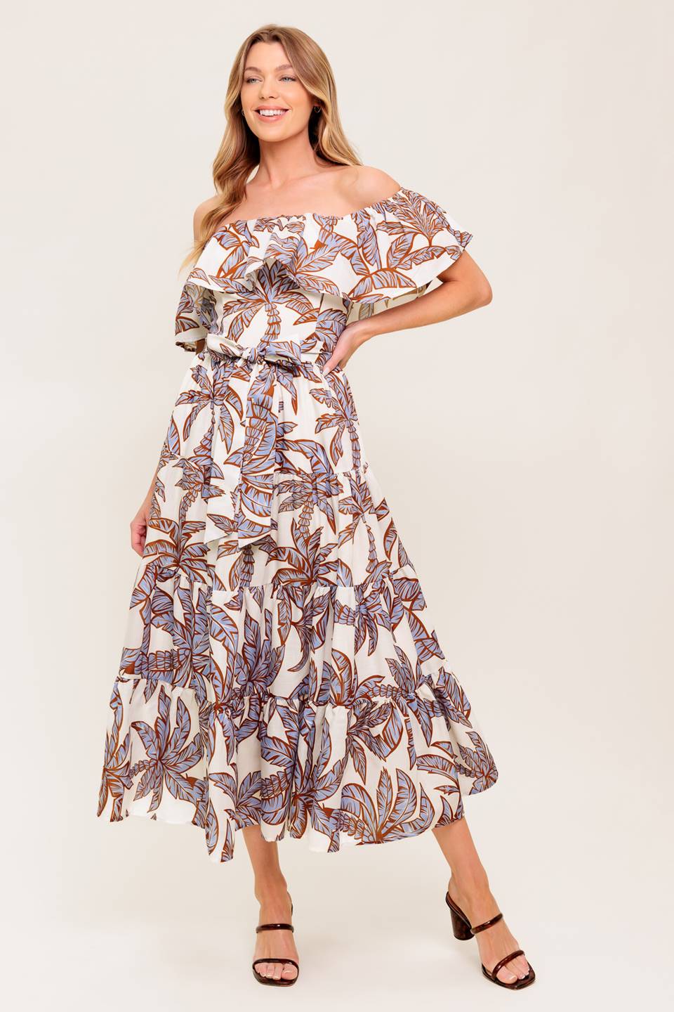 PALM TREE GARDEN - OFF THE SHOULDER MIDI DRESS-Vavasi