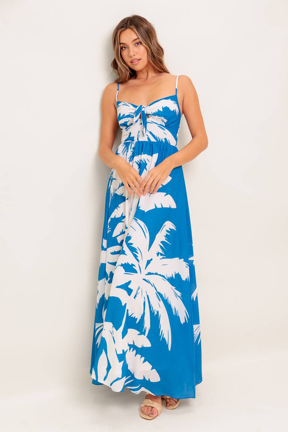 KAIA BLUE PALM PRINT MAXI DRESS-Vavasi