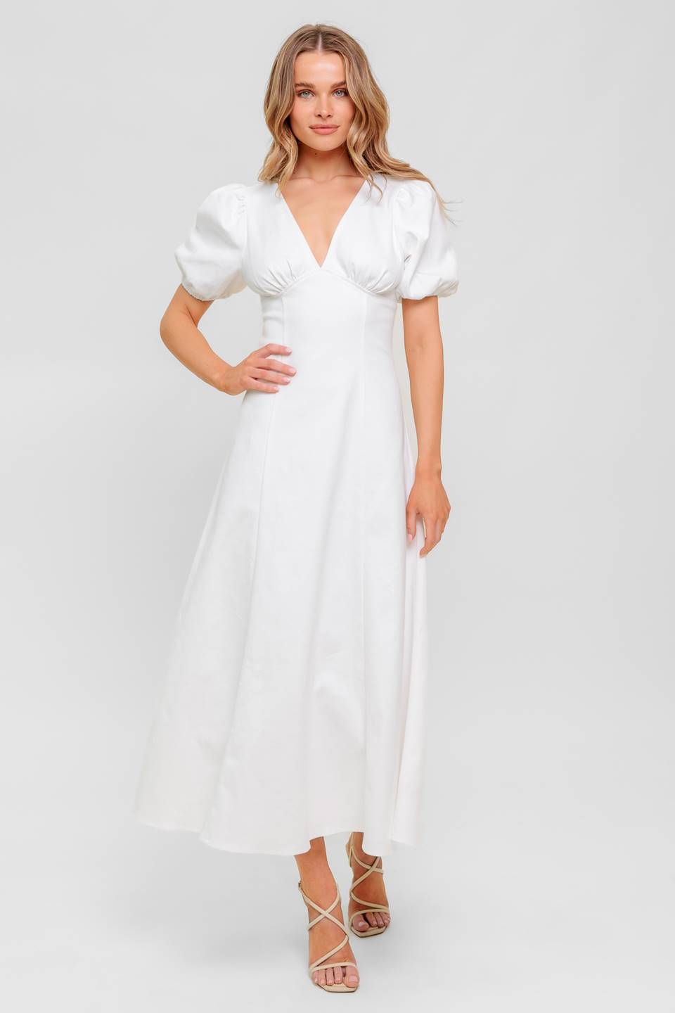 GLENDA MIDI DRESS - WHITE DENIM-Vavasi