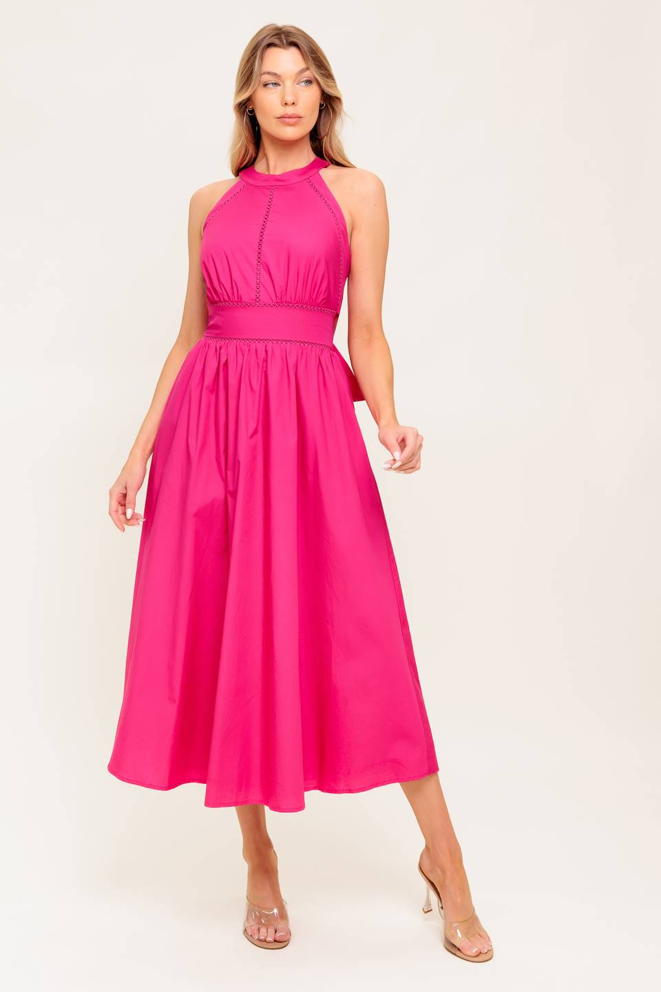 SOLEIL FUCHSIA HALTER MIDI DRESS-Vavasi
