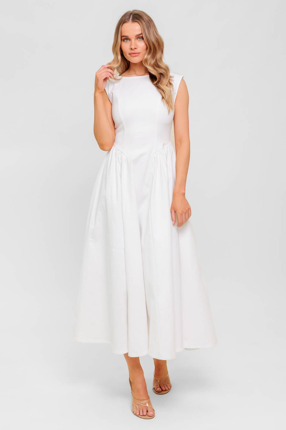 LISETTE WHITE DENIM MIDI DRESS-Vavasi