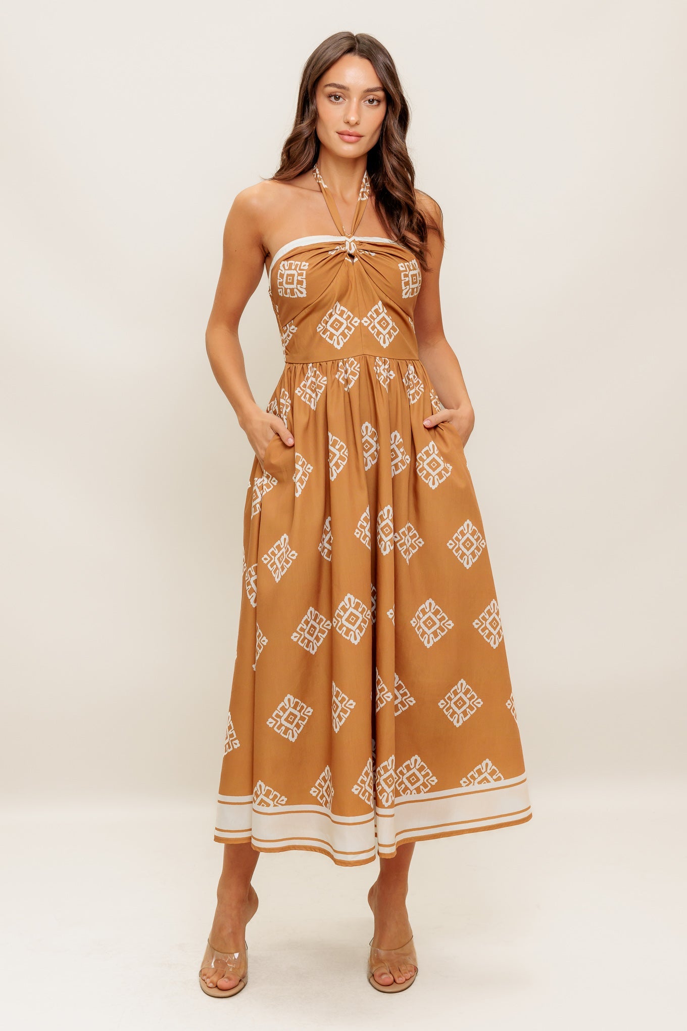 TIANA HALTER MIDI DRESS - RUST-Vavasi