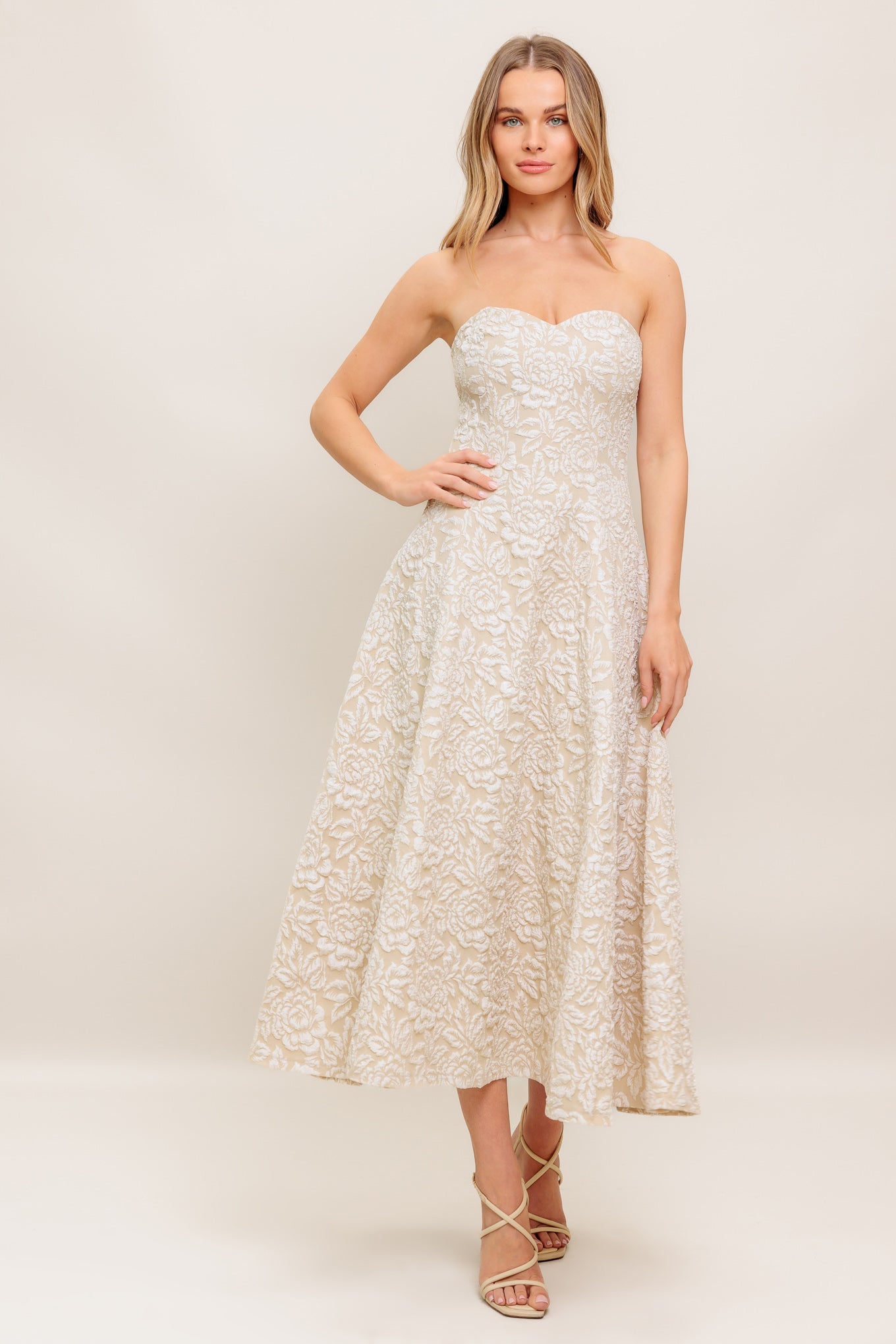 TEXTURED BLOSSOM STRAPLESS MIDI DRESS - BEIGE-Vavasi