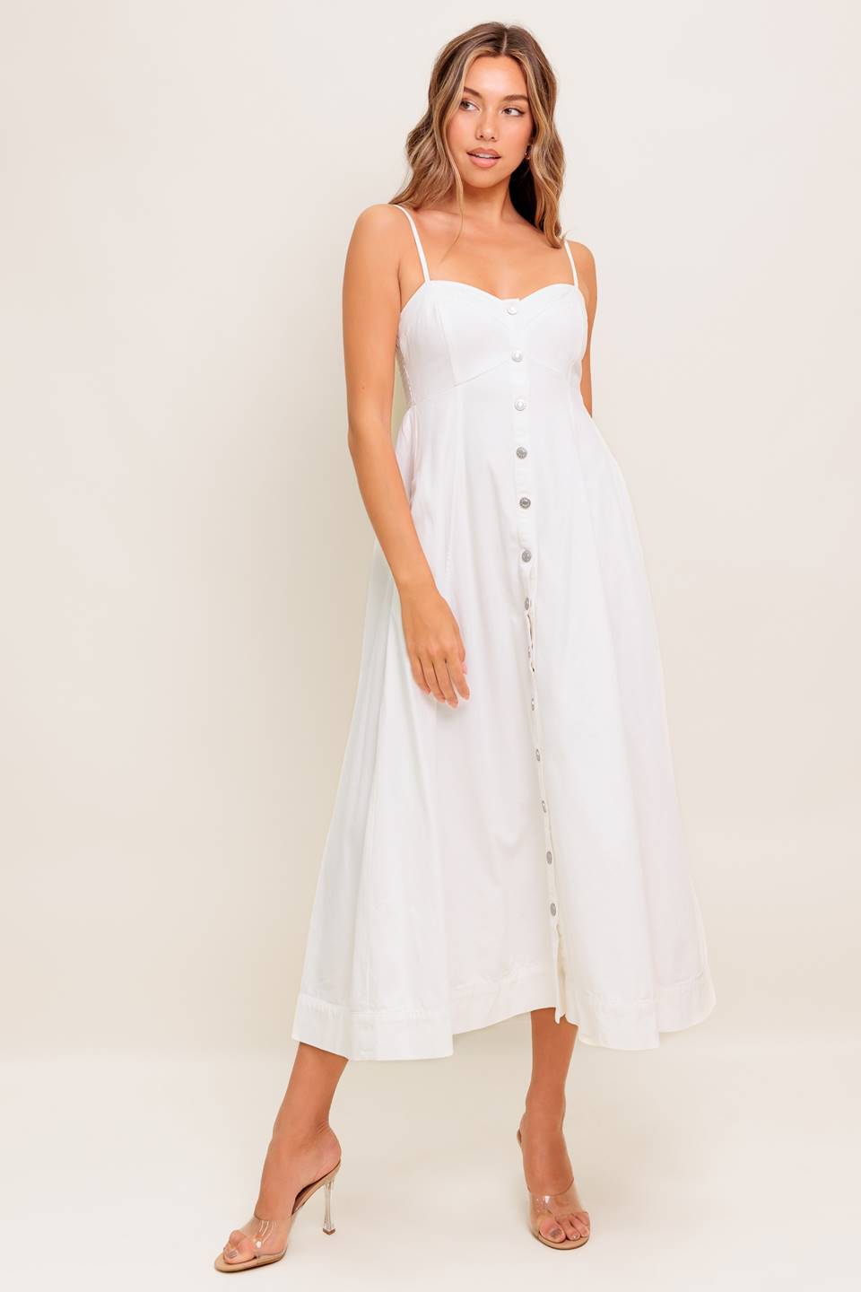 BREE BUTTON DOWN MIDI DRESS - WHITE-Vavasi