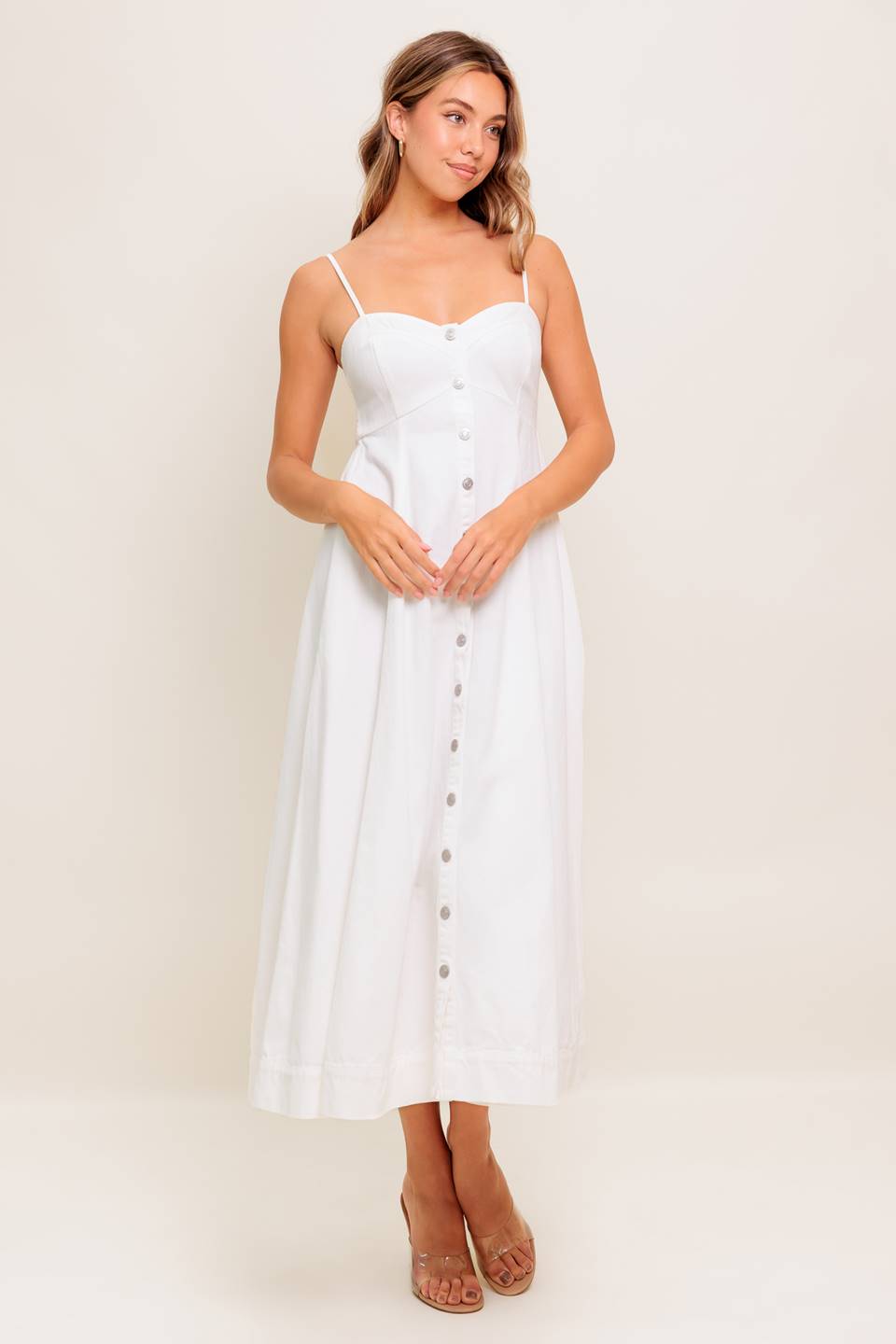 BREE BUTTON DOWN MIDI DRESS - WHITE-Vavasi