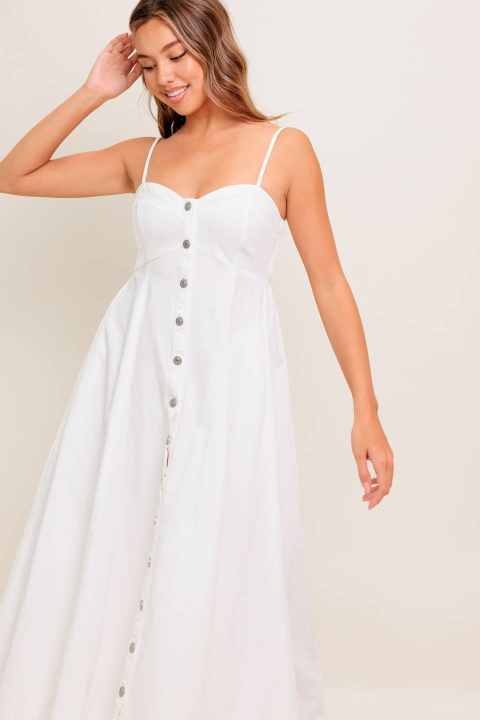 BREE BUTTON DOWN MIDI DRESS - WHITE-Vavasi