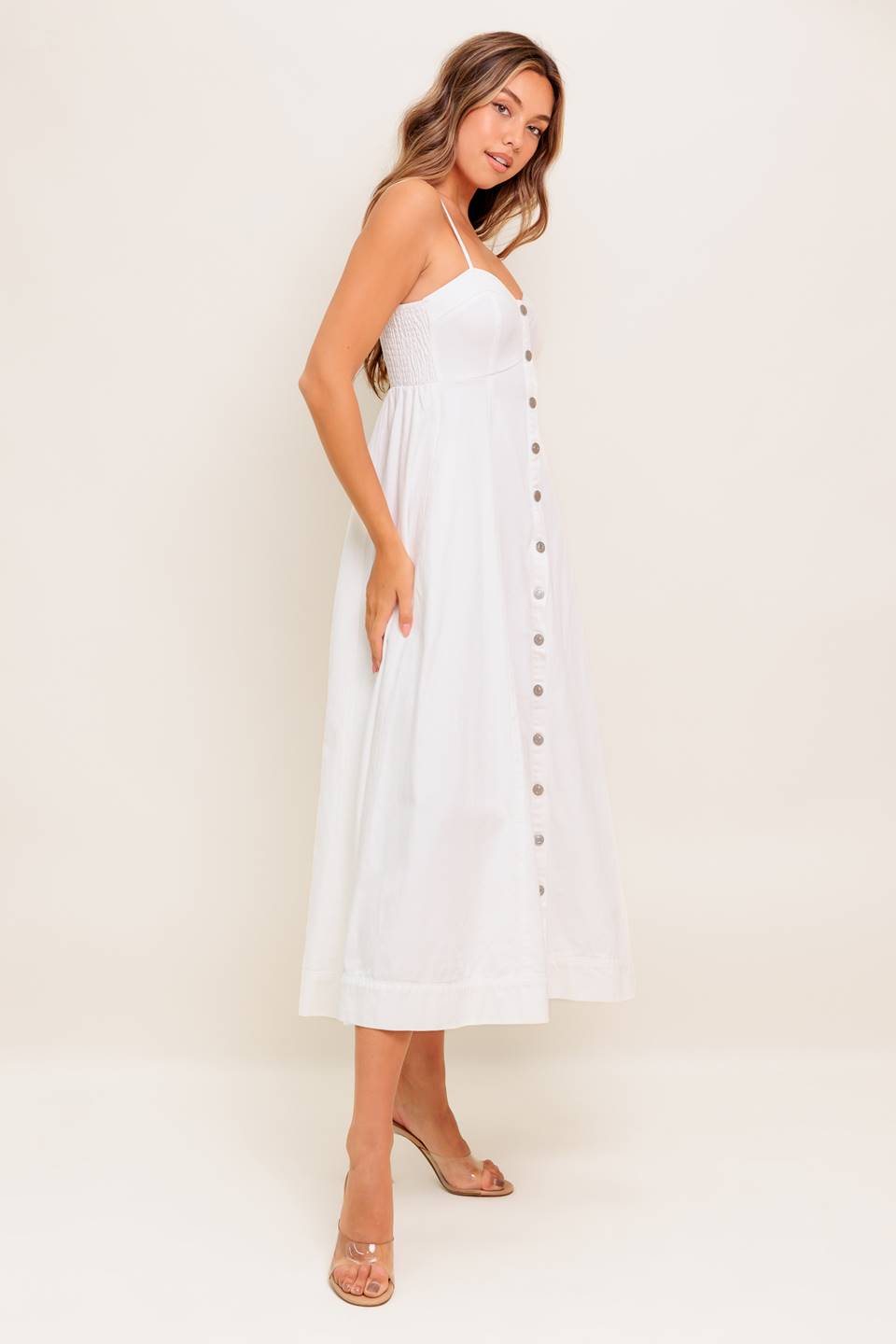 BREE BUTTON DOWN MIDI DRESS - WHITE-Vavasi