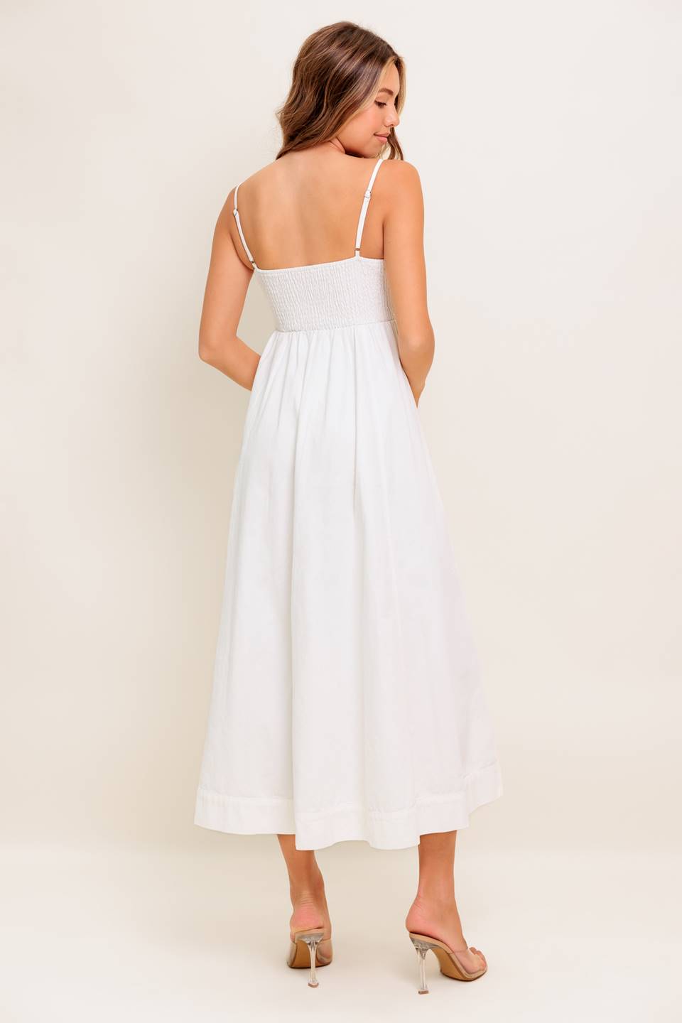 BREE BUTTON DOWN MIDI DRESS - WHITE-Vavasi