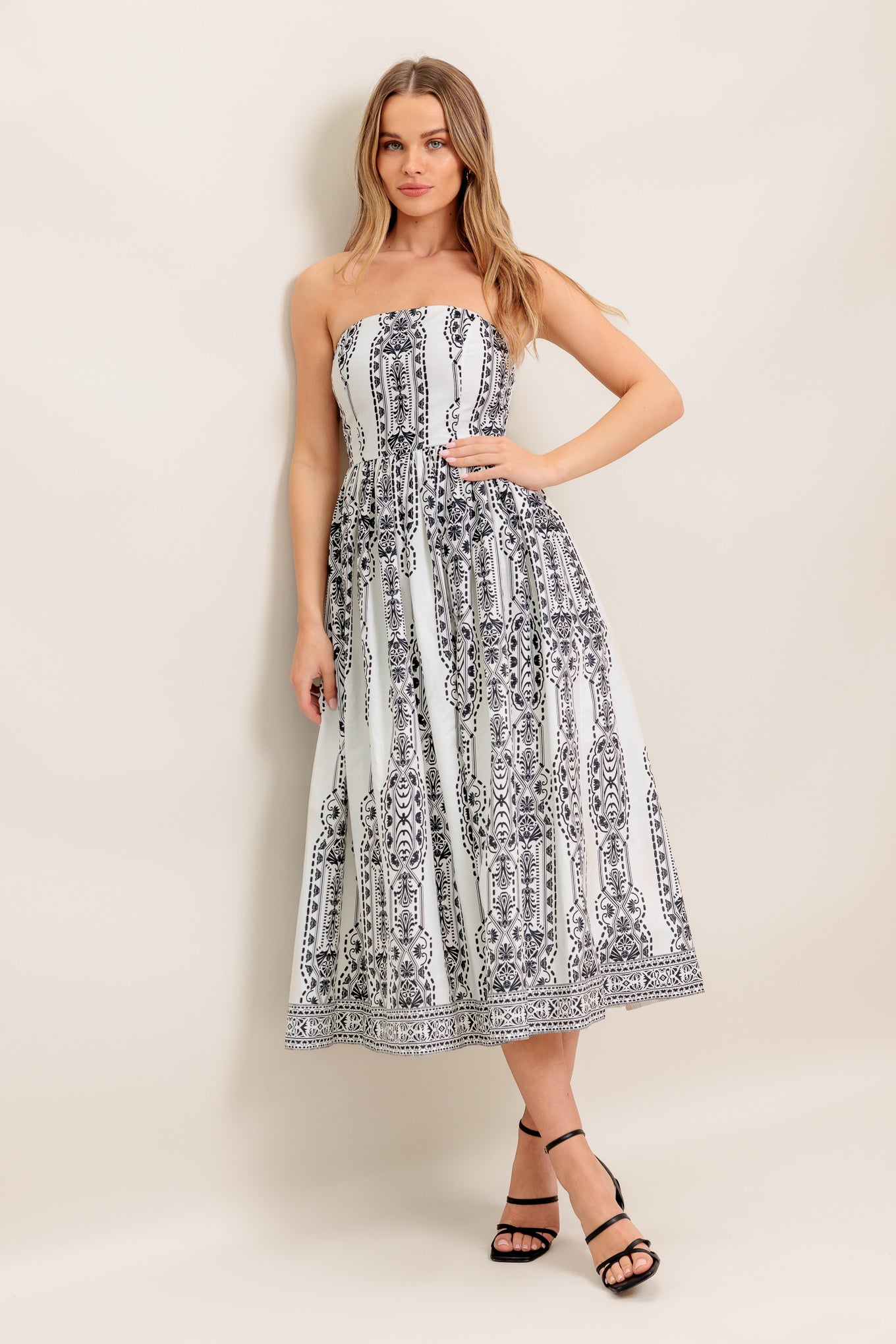 SUMMER SILHOUETTE STRAPLESS BLACK & WHITE MIDI DRESS-Vavasi