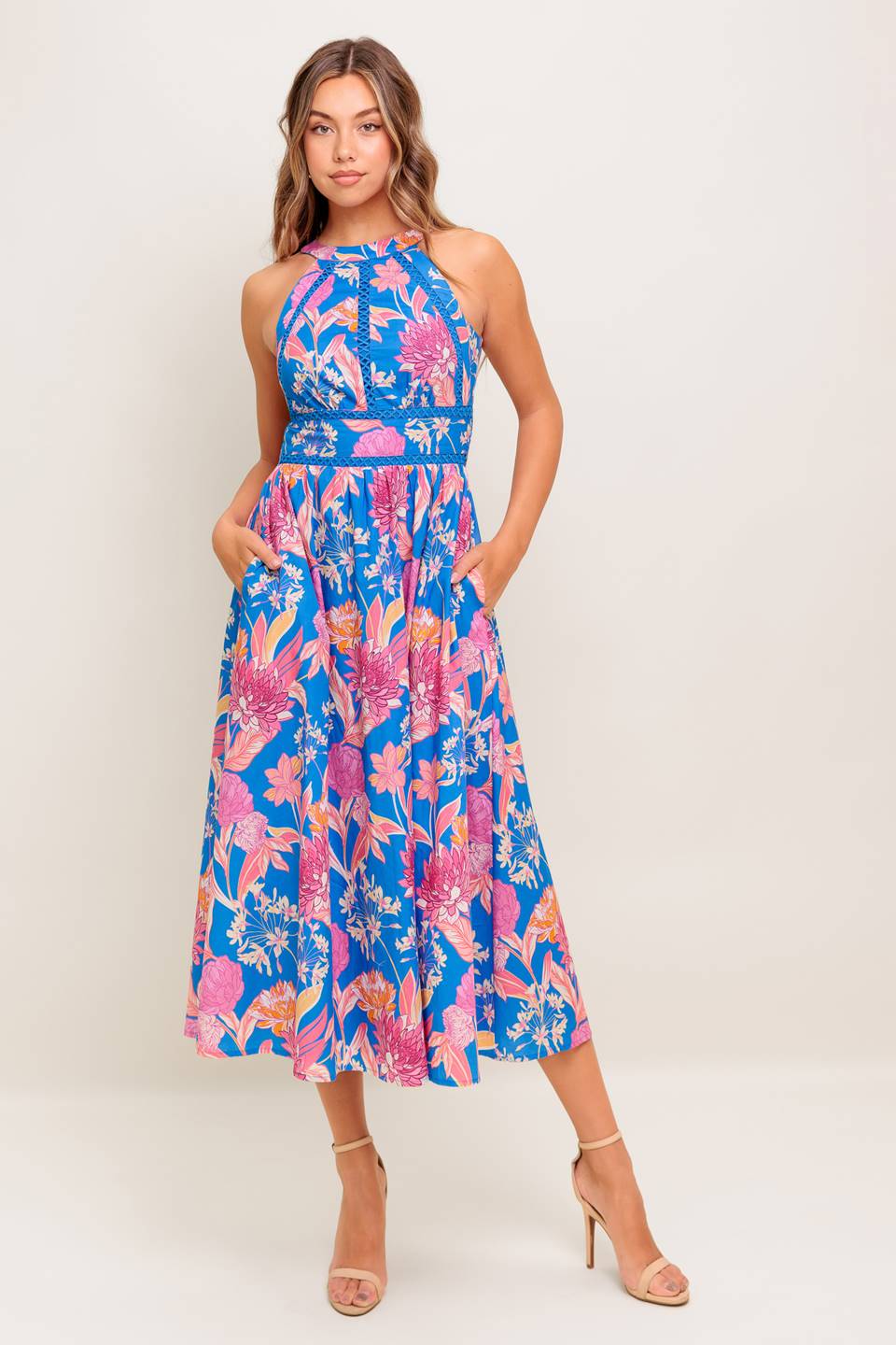 SOLANA MIDI DRESS - BLUE & PINK FLORAL HALTER DRESS-Vavasi