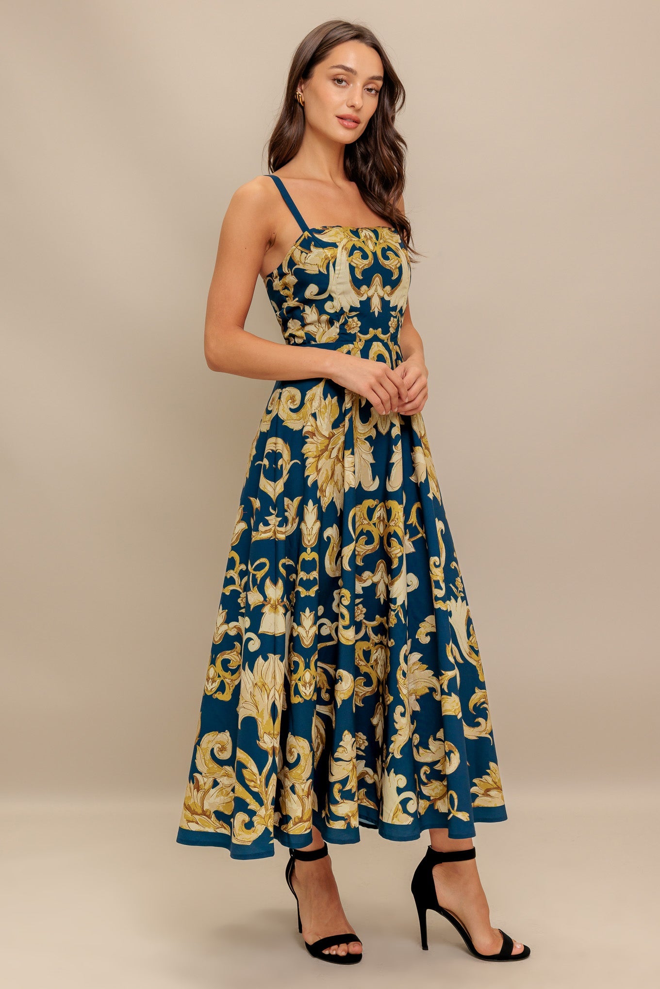 IMPERIAL BLOOM BLUE FLORAL MIDI DRESS-Vavasi