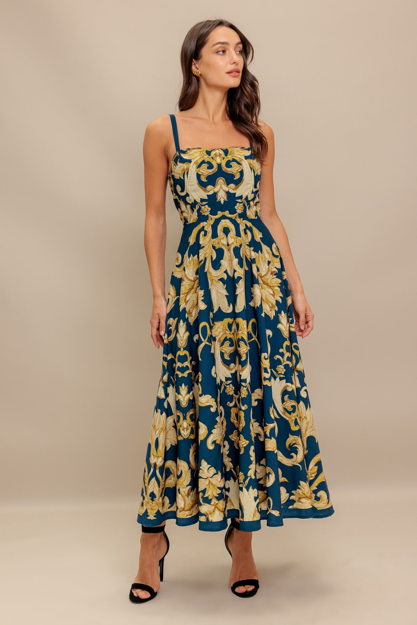 IMPERIAL BLOOM BLUE FLORAL MIDI DRESS-Vavasi