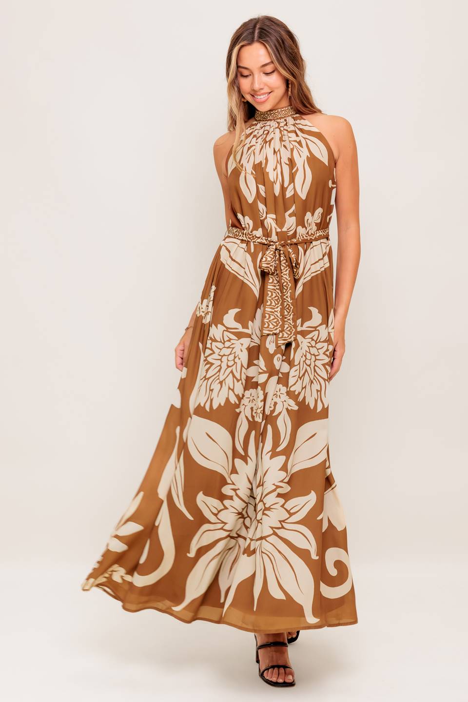 PILAR HALTER MAXI DRESS - BROWN-Vavasi
