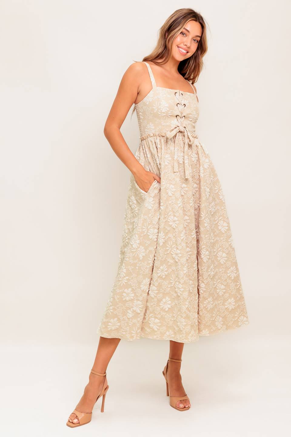 ELOISE MIDI DRESS - LACE UP JACQUARD DRESS-Vavasi