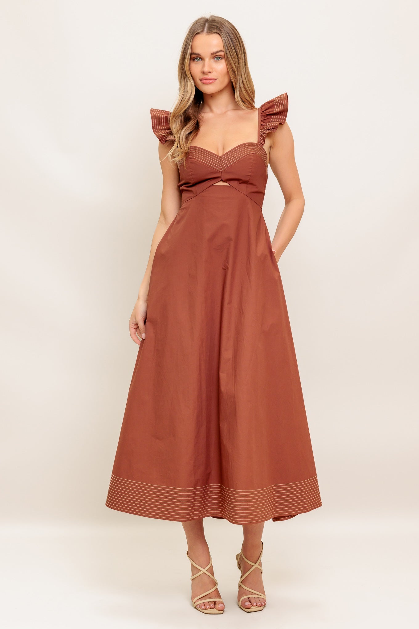 TUSCAN SUNSET COGNAC MIDI DRESS-Vavasi