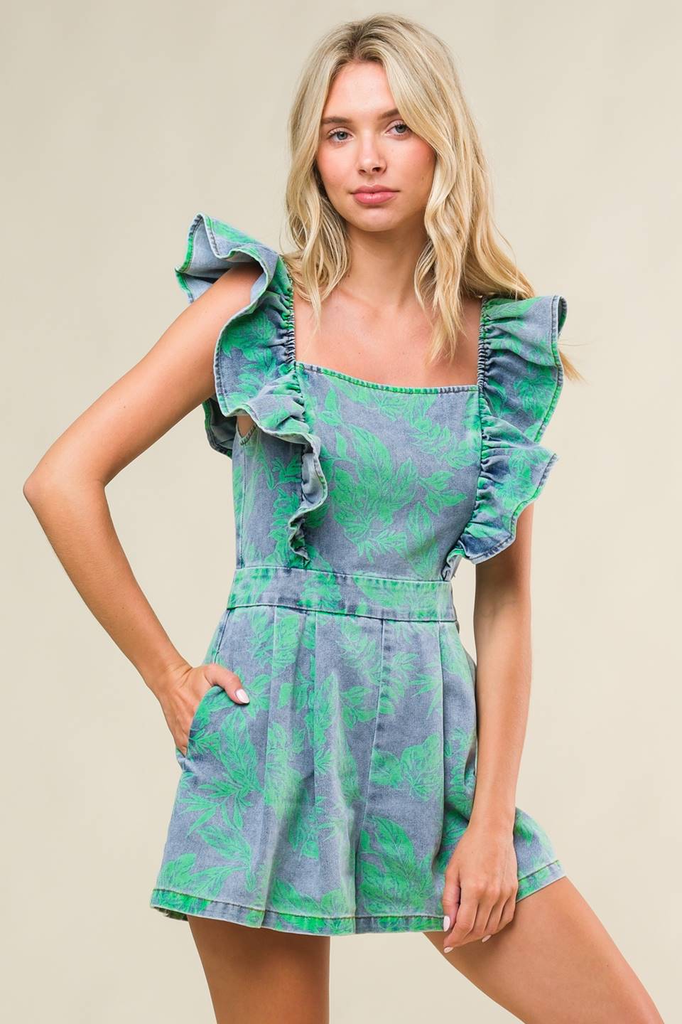 BLUE GREEN RUFFLE DENIM ROMPER-Vavasi