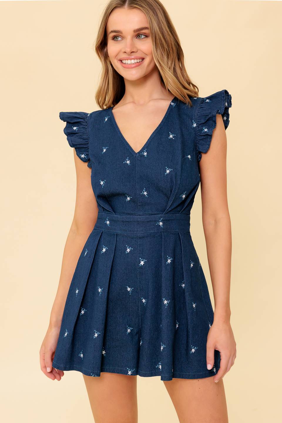 FELICITY DARK INDIGO EMBROIDERED ROMPER-Vavasi