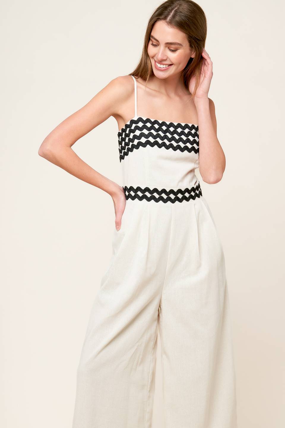 MEET AT THE PIER - CREAM - RIC RAC TRIM WIDE LEG JUMPSUIT-Vavasi