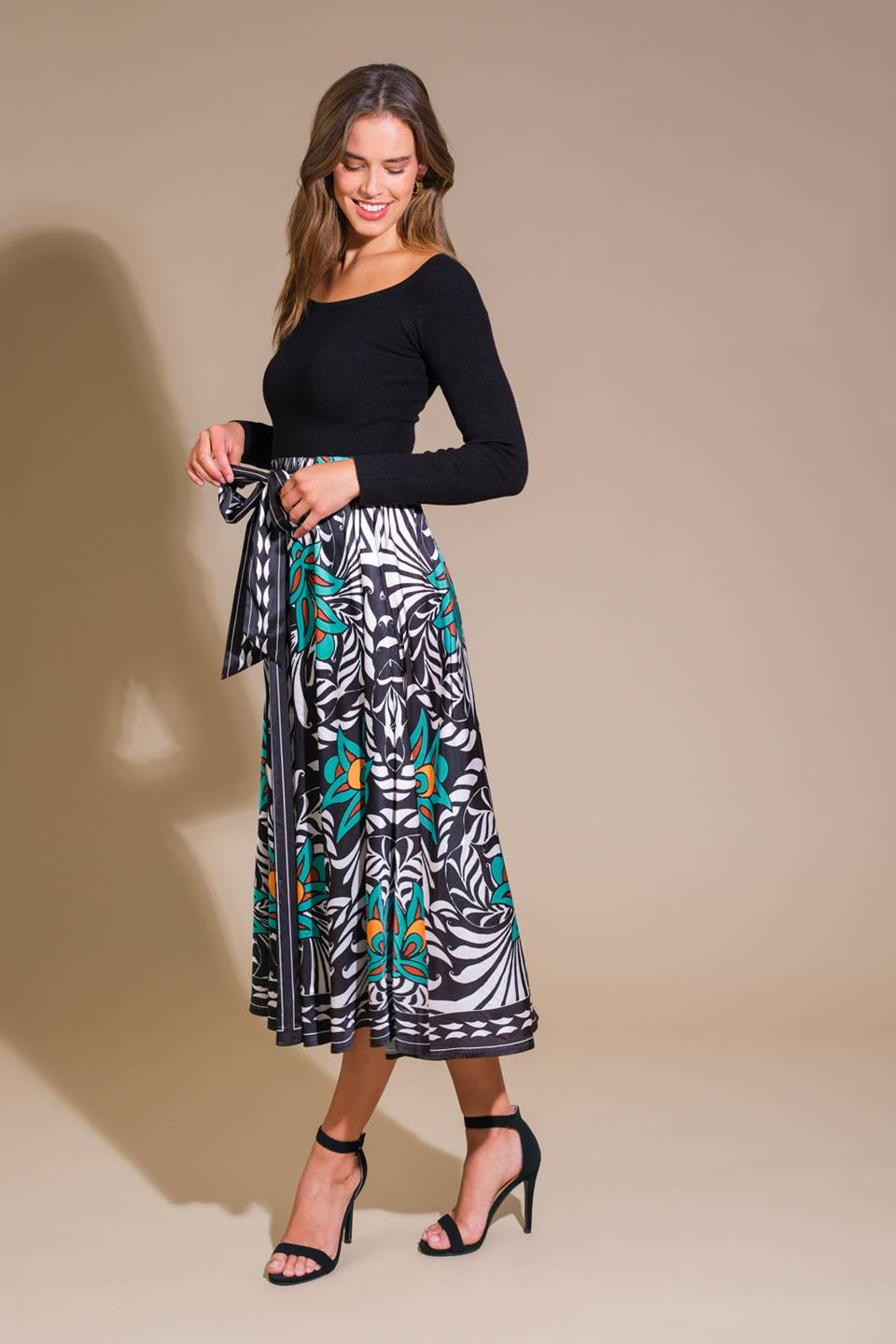 MELINA SWEATER & PRINT MIDI DRESS-Vavasi