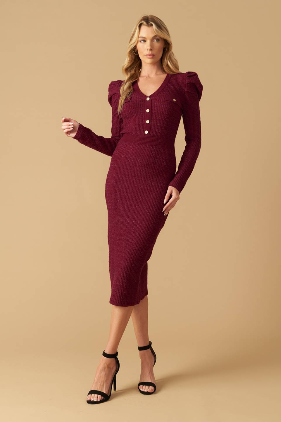 YOUNG LOVE - BURGUNDY - PUFF SLEEVE SWEATER DRESS-Vavasi