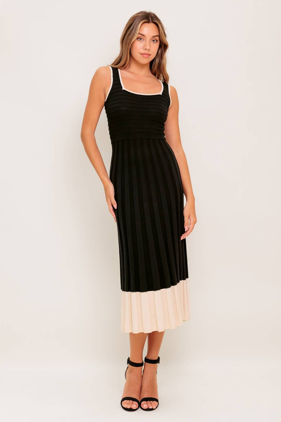 LAUREL BLACK & CREAM SWEATER MIDI DRESS-Vavasi