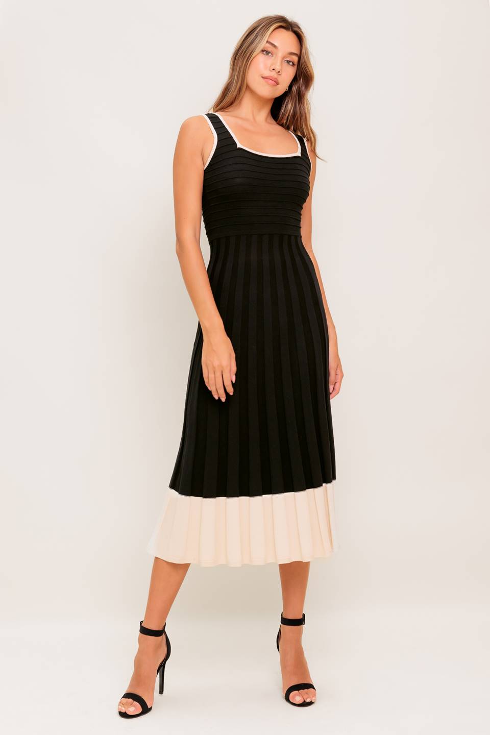LAUREL BLACK & CREAM SWEATER MIDI DRESS-Vavasi